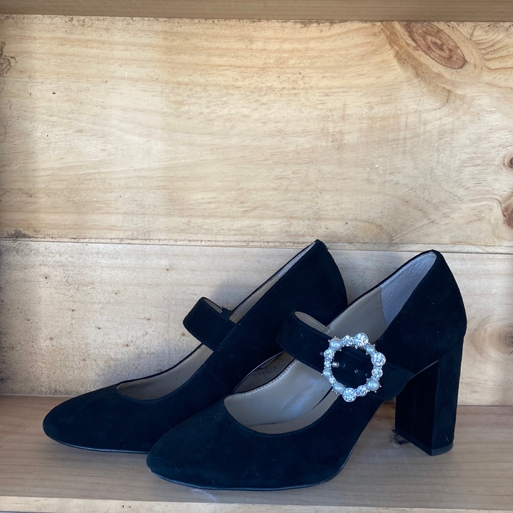 Black suede Mary Janes with pearl and Rhinestone buckle